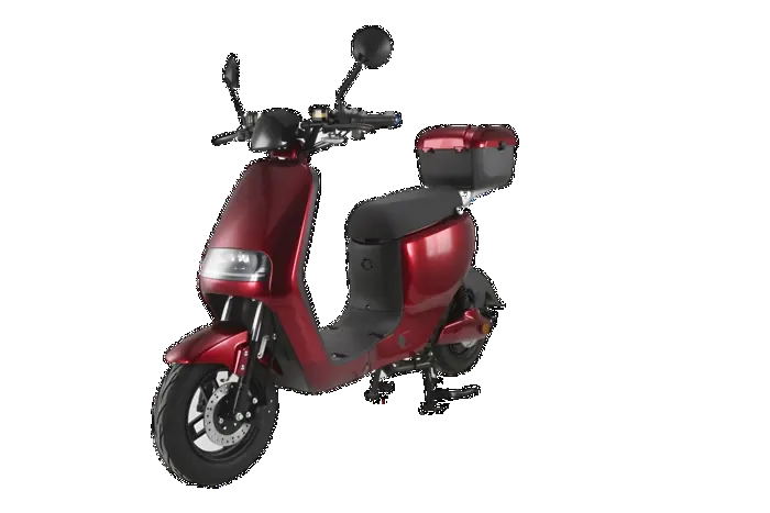 Bordo metalik City Go električni skuter sa koferom, pogled spreda sa strane